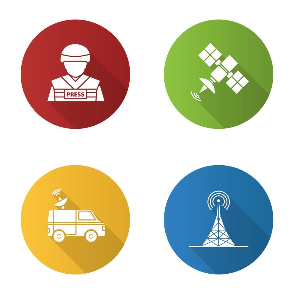 Massenmedien flaches Design lange Schatten Glyphe Icons Set. Drücken Sie. Kriegsberichterstatter, Satellitensignal, Nachrichtenwagen, Funkturm. Vektor-Silhouette-Abbildung vektor