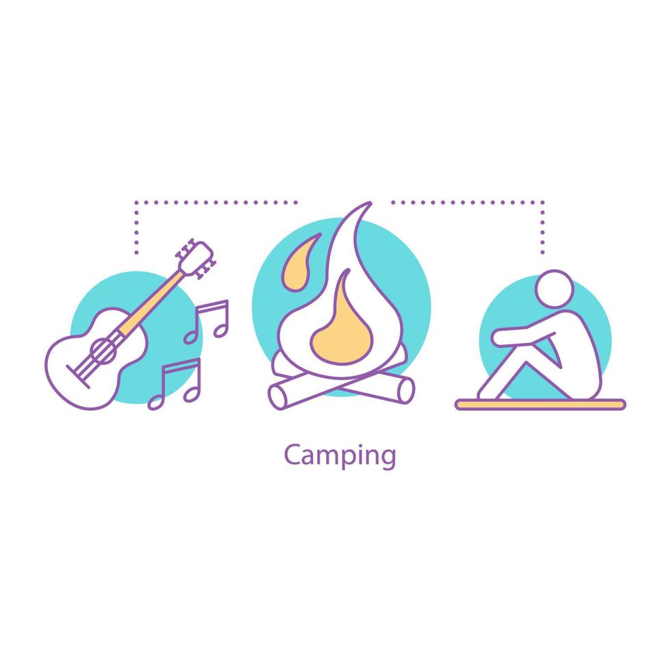 Symbol für Campingkonzept. ruhen Sie sich in der Nähe des Lagerfeuers aus. Outdoor-Erholung Idee dünne Linie Abbildung. Lagerfeuer-Gitarrenlieder. Vektor isolierte Umrisszeichnung