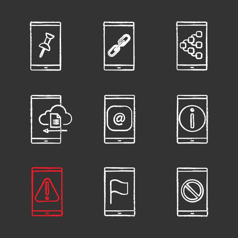 Smartphone-Kreide-Symbole gesetzt. Dateianhang, Link, Inhaltsfreigabe, Cloud-Speicher, E-Mail, Info, Fehler, GPS-Navigation, kein Signal. isolierte tafel Vektorgrafiken vektor