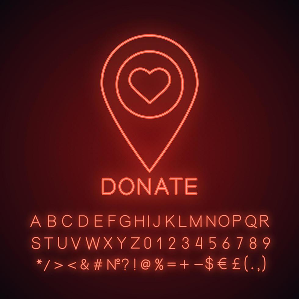 välgörenhetsorganisation plats neonljusikonen. glödande tecken. karta precisera med hjärta. plats för datum. vektor isolerade illustration