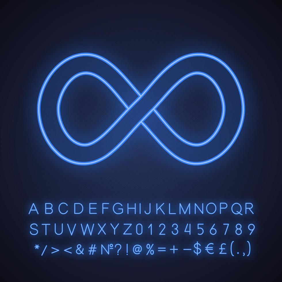 infinity tecken neonljus ikon. lemniscate. ändlös. glödande tecken med alfabet, siffror och symboler. vektor isolerade illustration