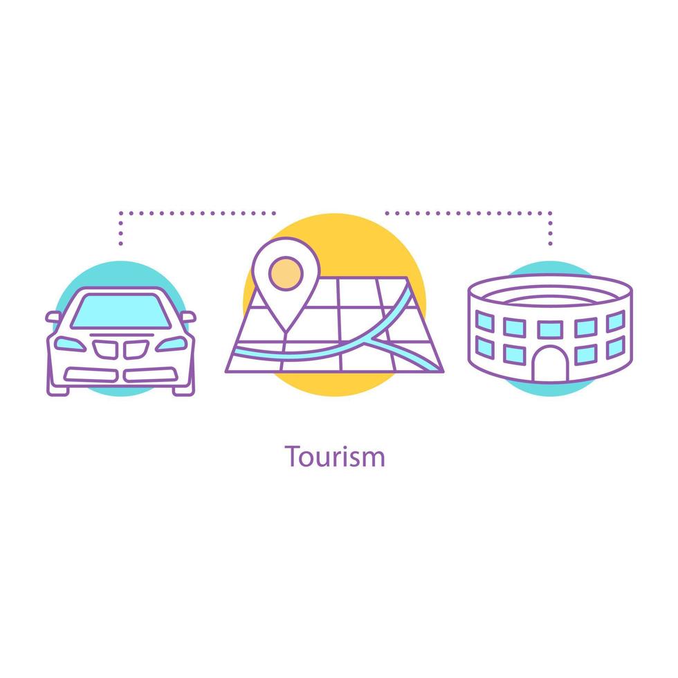 Symbol für Tourismuskonzept. Reisen mit dem Auto Idee dünne Linie Illustration. Besichtigung. Ferien. Vektor isolierte Umrisszeichnung