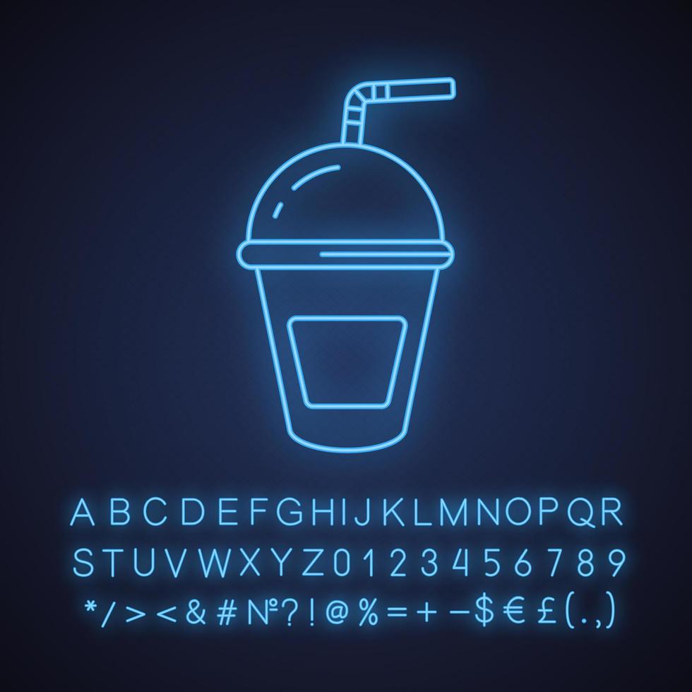 Symbol für erfrischendes Sodagetränk mit Neonlicht. Limonade Pappbecher mit Strohhalm. leuchtendes Schild mit Alphabet, Zahlen und Symbolen. isolierte Vektorgrafik vektor