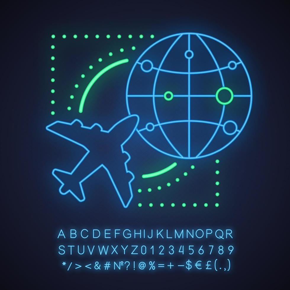 flygplats neonljus konceptikon. internationell flygidé. reser med flygplan. glödande tecken med alfabet, siffror och symboler. vektor isolerade illustration