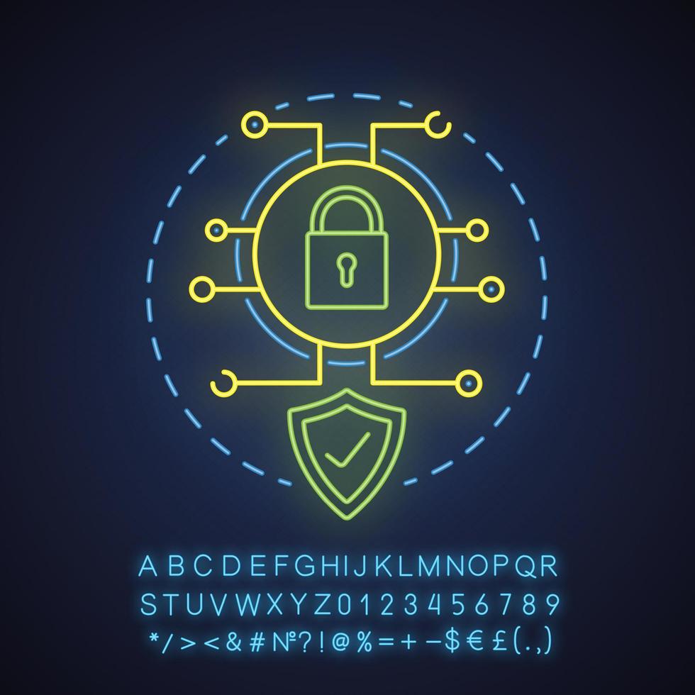 Symbol für das Internet-Sicherheits-Neonlicht-Konzept. Idee des digitalen Schutzes. Antivirus. leuchtendes Schild mit Alphabet, Zahlen und Symbolen. isolierte Vektorgrafik vektor