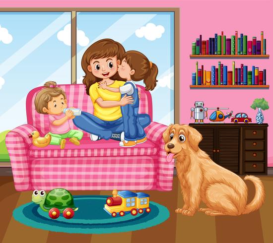 Mor och två barn med husdjurshund i vardagsrummet vektor