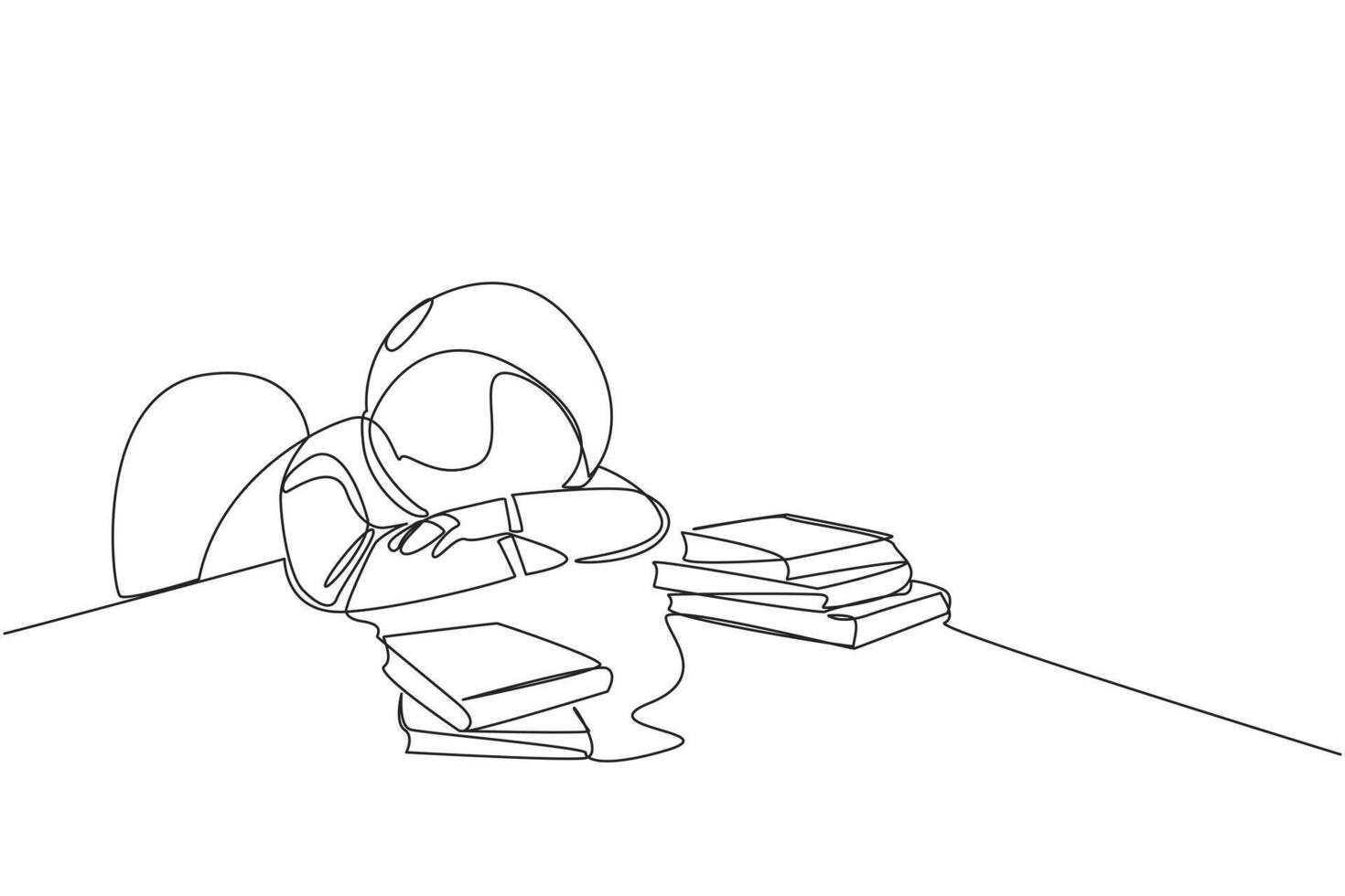 Single kontinuierlich Linie Zeichnung Astronaut schlafend beim Tabelle wo Dort wurden Haufen von Bücher. müde nach erfolgreich Fertig Liebling lesen Buch. Liebe Lektüre. einer Linie Design Illustration vektor