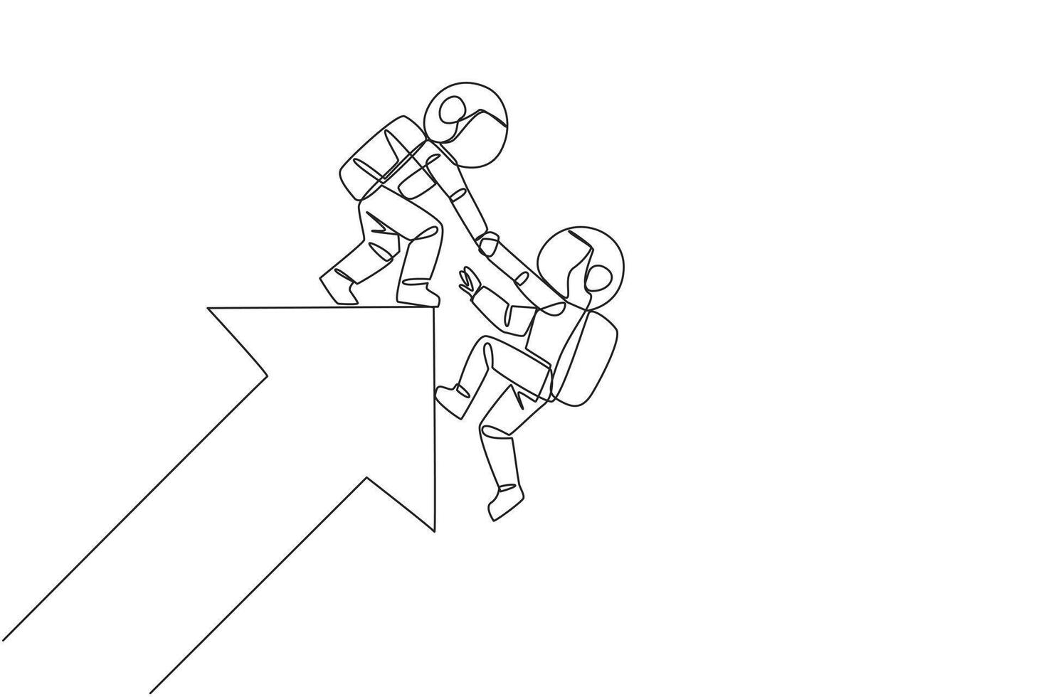 Single kontinuierlich Linie Zeichnung Astronaut hilft Kollege steigen das groß steigend Pfeil Symbol. kompakt Zusammenarbeit. positiv bewirken auf Unternehmen. Komplett Arbeit korrekt. einer Linie Design Illustration vektor