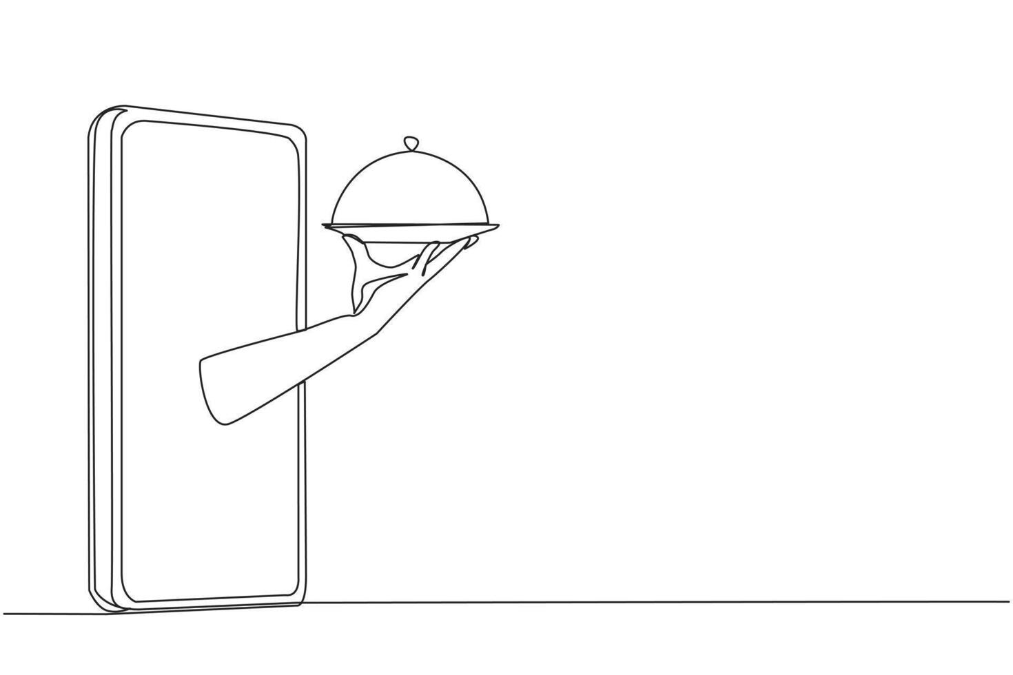 Single einer Linie Zeichnung Hand kommt aus von das Mitte von das Smartphone halten Essen Tablett. das Analogie von Bestellung Essen zum Abendessen. online Essen Einkaufen. kontinuierlich Linie Design Grafik Illustration vektor