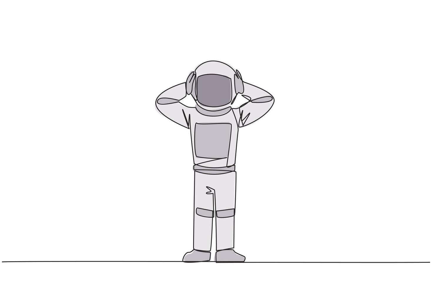 kontinuierlich einer Linie Zeichnung Astronaut Stehen Gerade halten Kopf mit beide Hände. Gesten aufgeregt oder überrascht. ungewöhnlich Gesichts- Ausdrücke. erschrocken. Single Linie zeichnen Design Illustration vektor