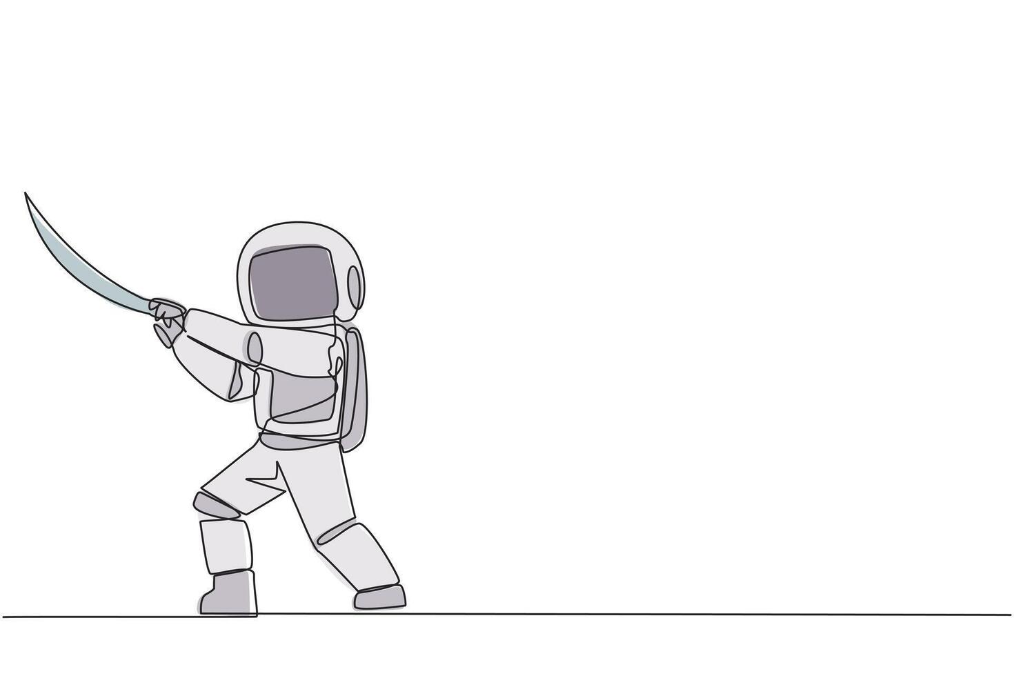 Single kontinuierlich Linie Zeichnung Astronaut halten Samurai. stilisiert mögen Samurai Athlet Bewachung Geschäft. bereit zu beseitigen stören Geschäft Wachstum. Raumfahrer. einer Linie Design Illustration vektor