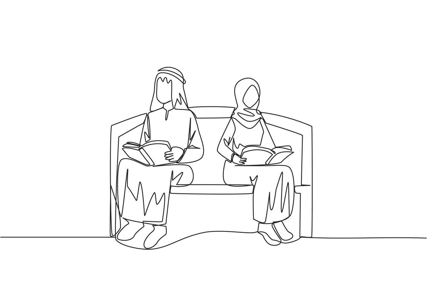kontinuerlig ett linje teckning arab man kvinna Sammanträde läsning på stol i universitet parkera. förbereda för slutlig prov med allvarlig läsning. bok festival begrepp. enda linje dra design illustration vektor