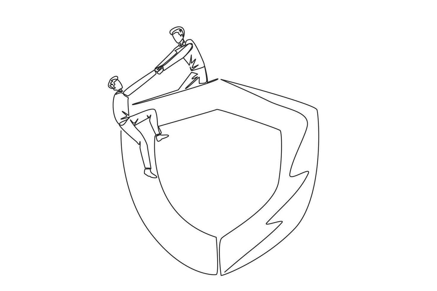 kontinuerlig ett linje teckning affärsman hjälper kollega klättra stor skydda. lagarbete håller kollegor säker från ondska affärsman. Stöd och hjälp varje Övrig. enda linje dra design illustration vektor