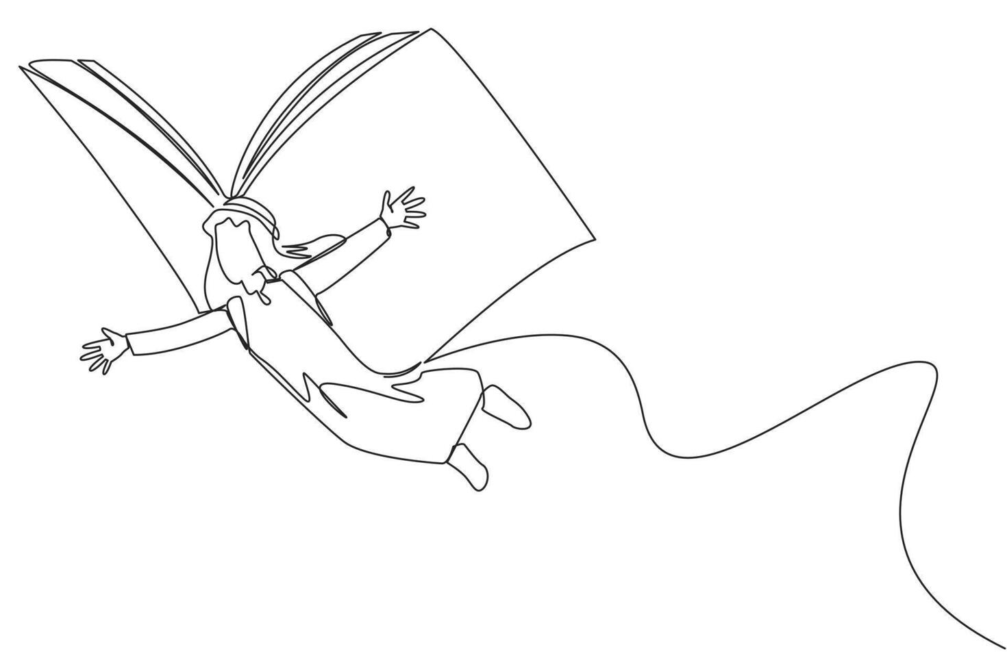 Single einer Linie Zeichnung arabisch Mann fliegend mit Flügel Das Kommen Sie von ein öffnen groß Buch. das Metapher getragen Weg mit das Handlung. konstruktiv Fantasie. kontinuierlich Linie Design Grafik Illustration vektor
