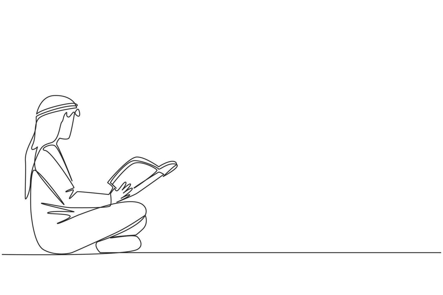 Single einer Linie Zeichnung arabisch Mann Sitzung lesen Buch. das Neu Hobby von lesen Bücher hilft zu entspannen. einer Buch einer Tag. gut Gewohnheiten. Buch Festival Konzept. kontinuierlich Linie Design Grafik Illustration vektor