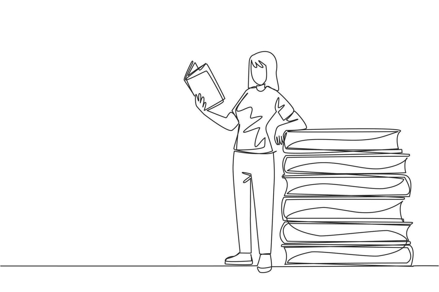 kontinuierlich einer Linie Zeichnung Frau Stehen lesen ein Buch während gelehnt gegen ein Stapel von groß Bücher. Hobby von lesen überall. sehr glücklich wann Lektüre. Single Linie zeichnen Design Illustration vektor