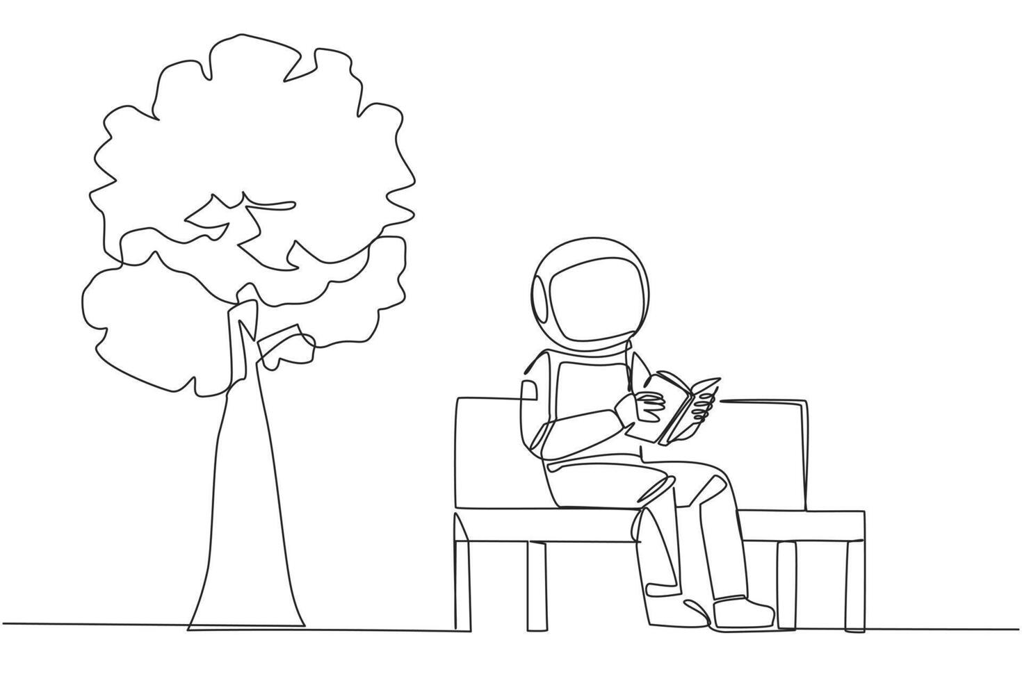 Single einer Linie Zeichnung Astronaut Sitzung auf Park Bank lesen Buch. lernen durch noch einmal lesen Lehrbuch. lesen zu erhalten maximal markiert. lesen erhöhen, ansteigen Einblick. kontinuierlich Linie Design Grafik Illustration vektor