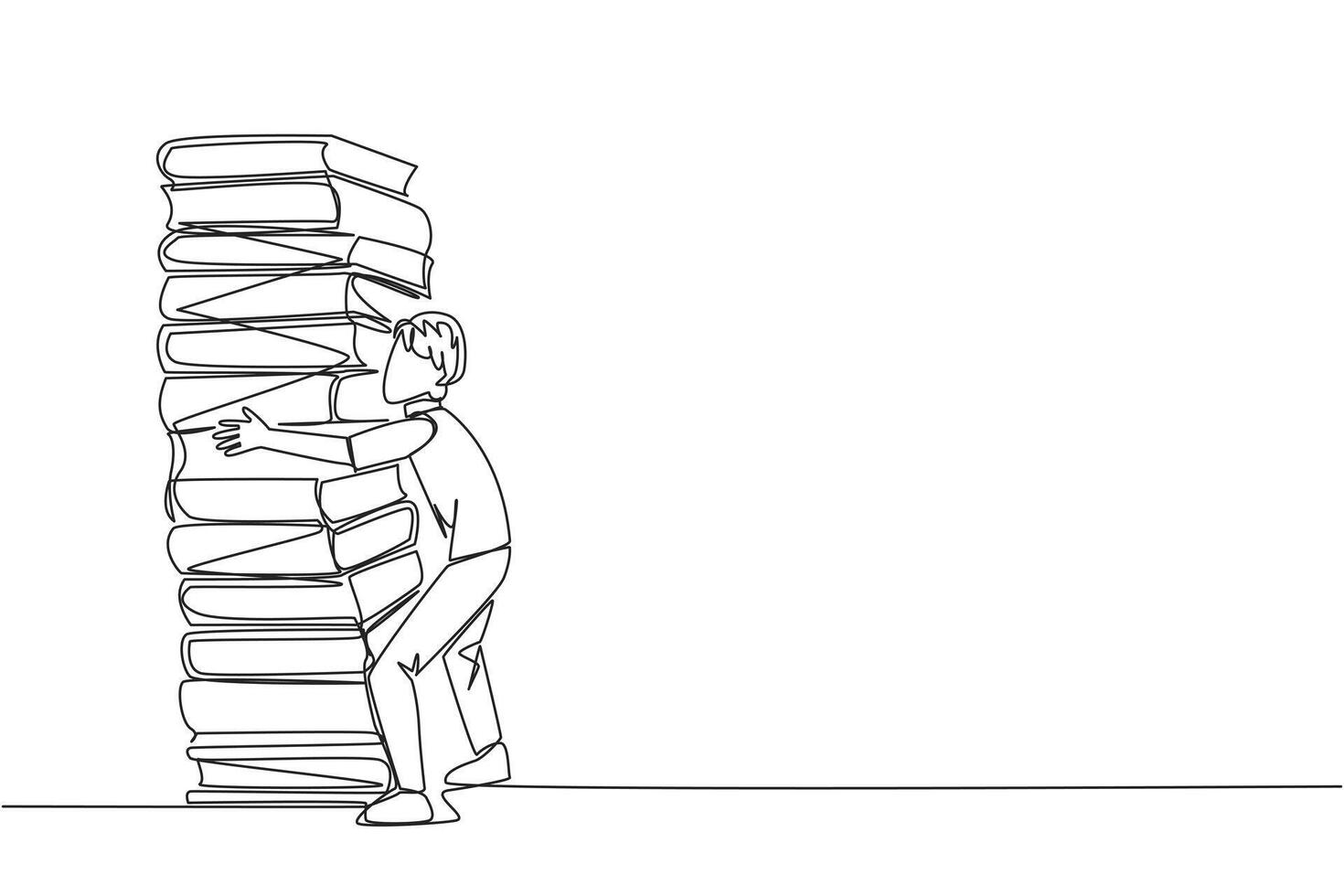 Single kontinuierlich Linie Zeichnung Mann umarmen ein sehr hoch Stapel von Bücher. Hobby zu Sammeln und lesen Bücher. Füllung kostenlos Zeit mit nützlich Dinge. liebend lesen. einer Linie Design Illustration vektor
