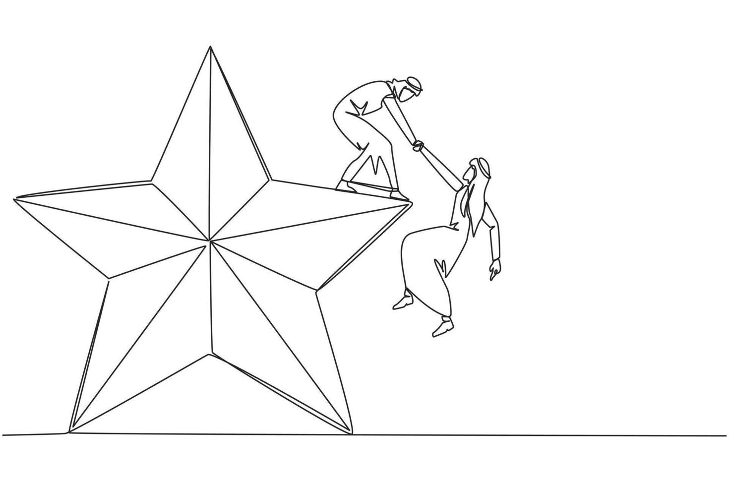 Single einer Linie Zeichnung arabisch Geschäftsmann hilft Kollege steigen groß Stern. Metapher von erreichen Träume von Erfolg zusammen. haben ein sehr gut Werdegang Position. kontinuierlich Linie Design Grafik Illustration vektor