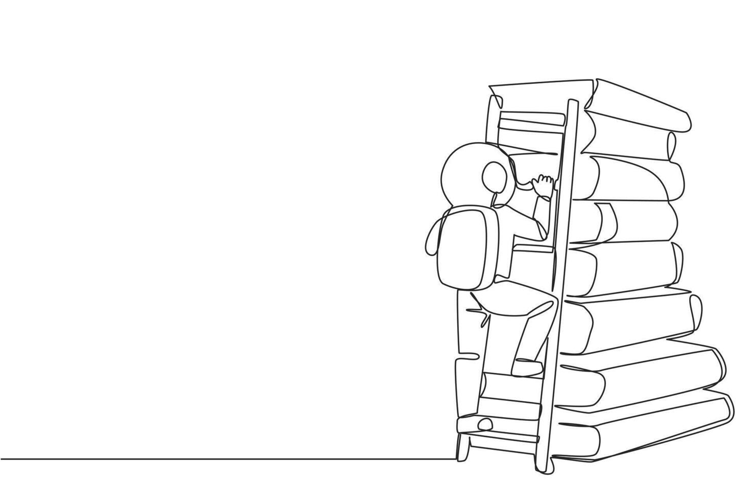 kontinuierlich einer Linie Zeichnung Astronaut klettert ein groß Stapel von Bücher mit ein Leiter. Welt Fenster Buch Metapher. lesen erhöht sich Wissen. Kosmonaut. Single Linie zeichnen Design Illustration vektor