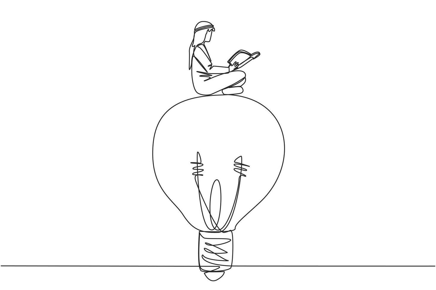 Single einer Linie Zeichnung arabisch Mann Sitzung auf groß die Glühbirne. lesen mit Fokus und ernst. Metapher suchen zum brillant Idee von wissenschaftlich Buch. Buch Festival. kontinuierlich Linie Grafik Illustration vektor