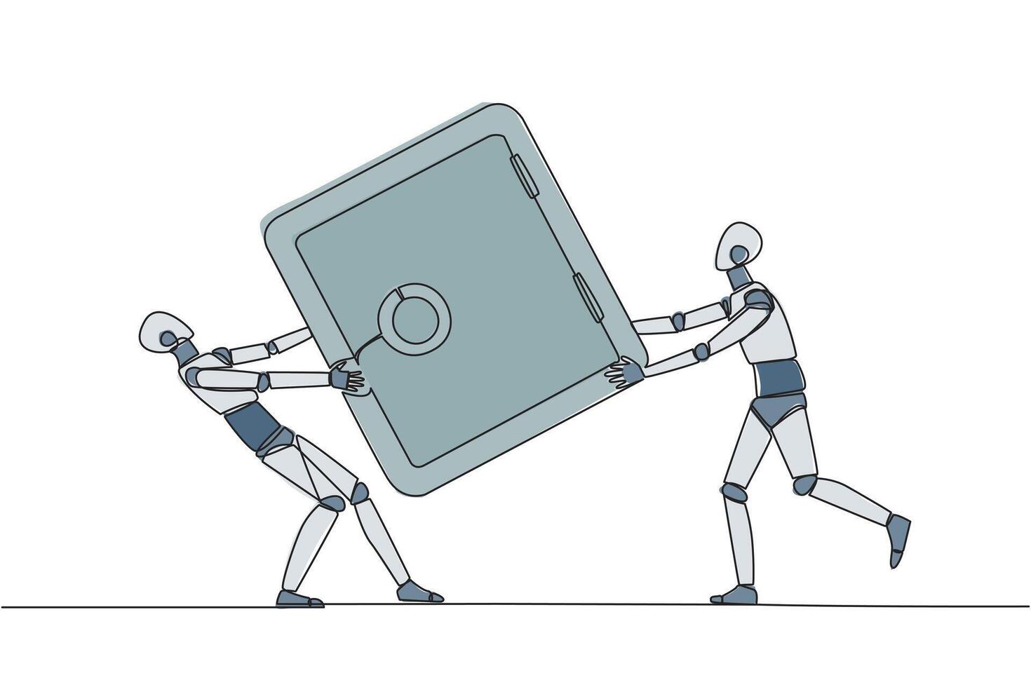 enda kontinuerlig linje teckning två robot stridande över säker deposition låda. bekämpa för en säker plats till Lagra Viktig data. robot konflikt. konkurrens. ai teknologi. ett linje design illustration vektor
