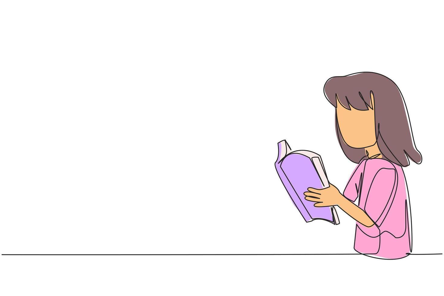 kontinuierlich einer Linie Zeichnung Mädchen sind sehr konzentriert auf lesen Bücher. lesen Fiktion Geschichte Bücher während Schule Feiertage. Buch Festival Konzept. gut Gewohnheit. Single Linie zeichnen Design Illustration vektor