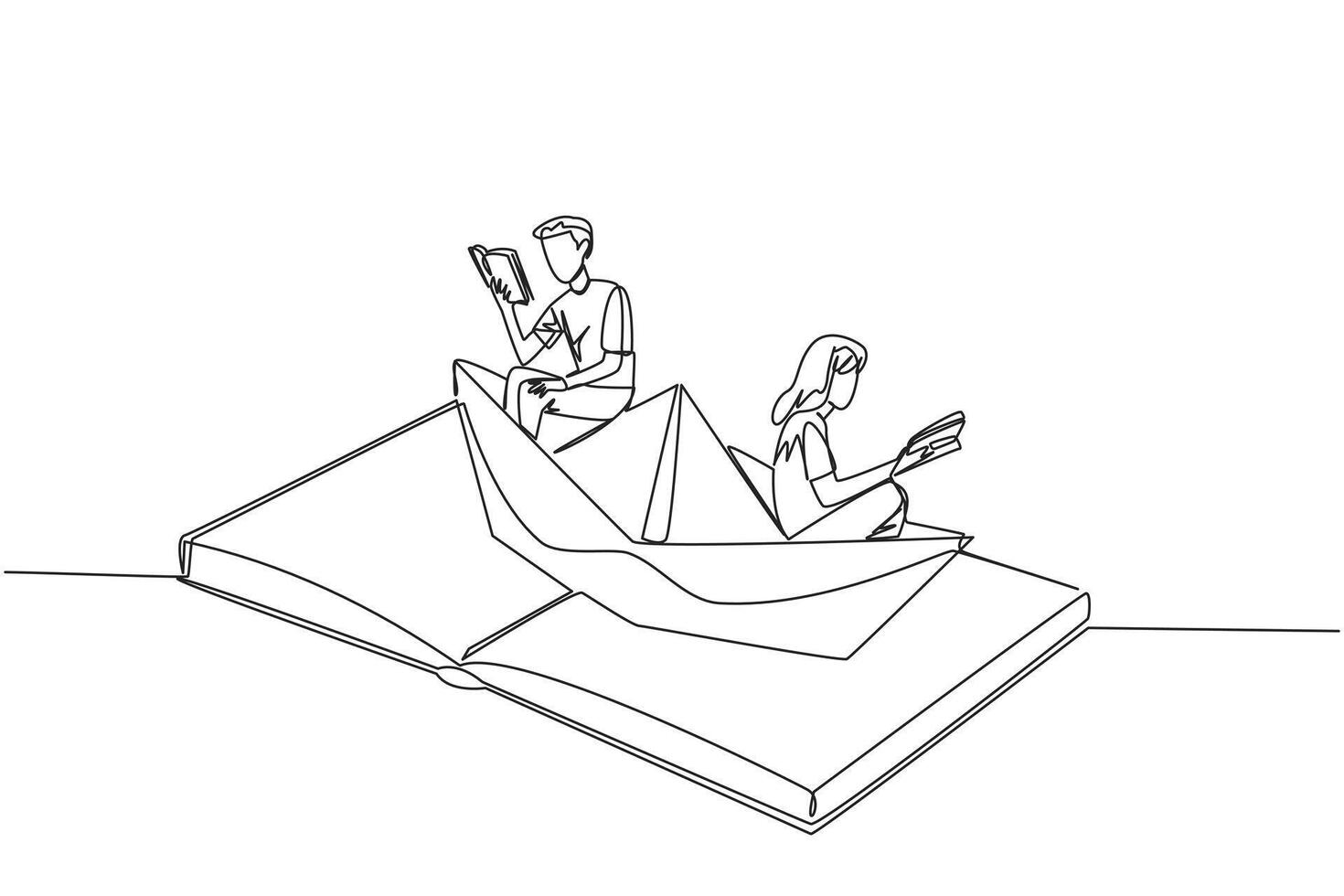 kontinuierlich einer Linie Zeichnung Mann Frau lesen Buch auf ein Papier Boot. pflegen das gut Gewohnheiten. das Metapher von lesen können erkunden Ozeane. Buch Festival Konzept. Single Linie Design Illustration vektor