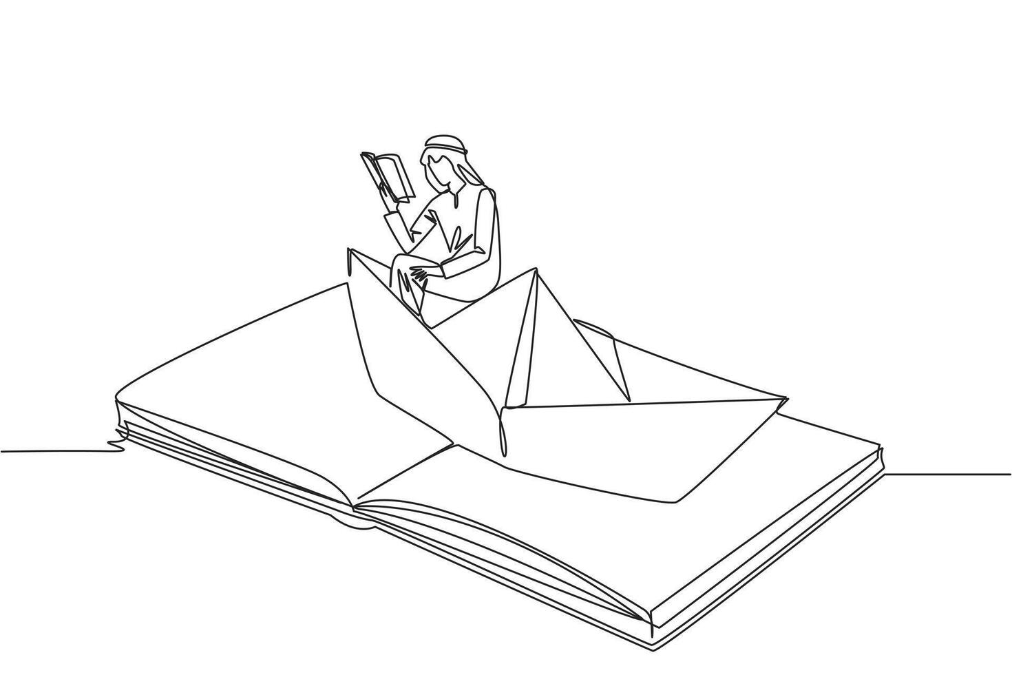 Single kontinuierlich Linie Zeichnung arabisch Mann lesen ein Buch auf ein Papier Boot. pflegen das gut Gewohnheiten. das Metapher von lesen können erkunden Ozeane. Buch Festival Konzept. einer Linie Design Illustration vektor