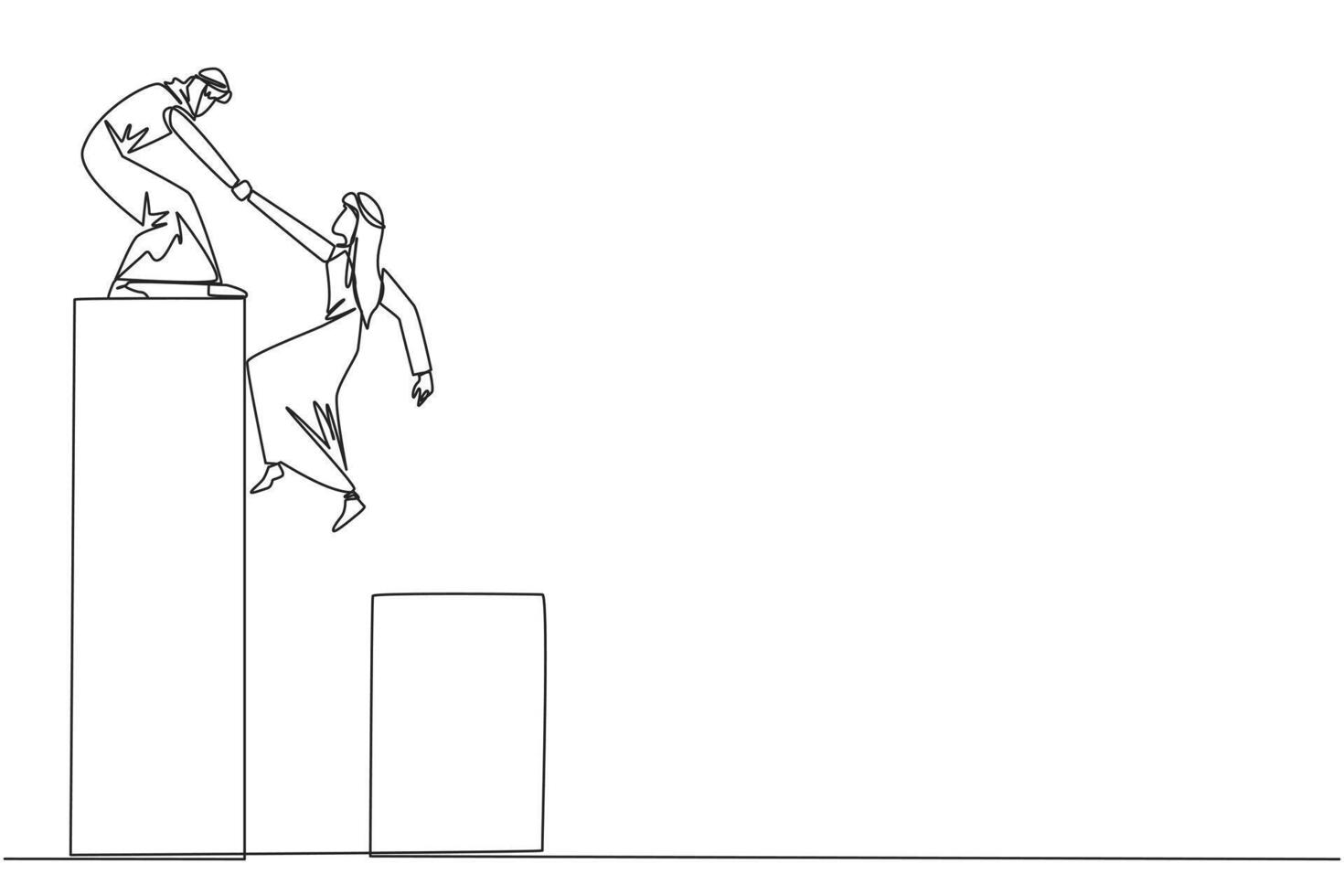 kontinuerlig ett linje teckning arab affärsman hjälper kollega klättra bar Graf. hjälper till klättra till högre jord. flytta framåt- och Framgång tillsammans. lagarbete. enda linje dra design illustration vektor