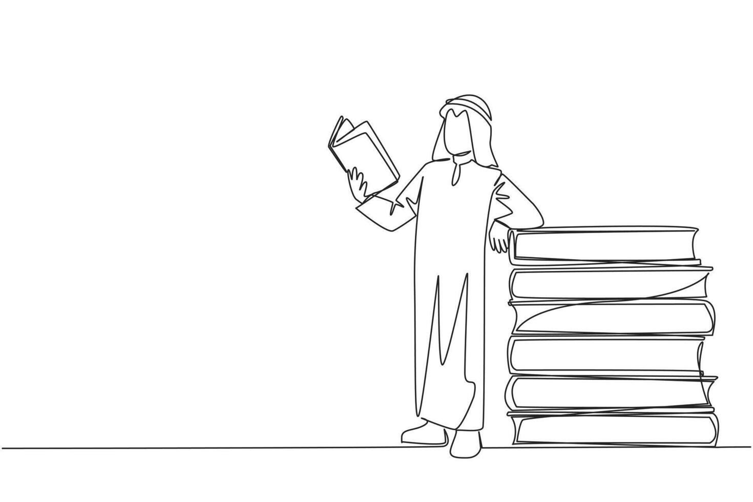 Single einer Linie Zeichnung arabisch Mann Stehen lesen ein Buch während gelehnt gegen ein Stapel von groß Bücher. Hobby von lesen überall. sehr glücklich wann Lektüre. kontinuierlich Linie Design Grafik Illustration vektor