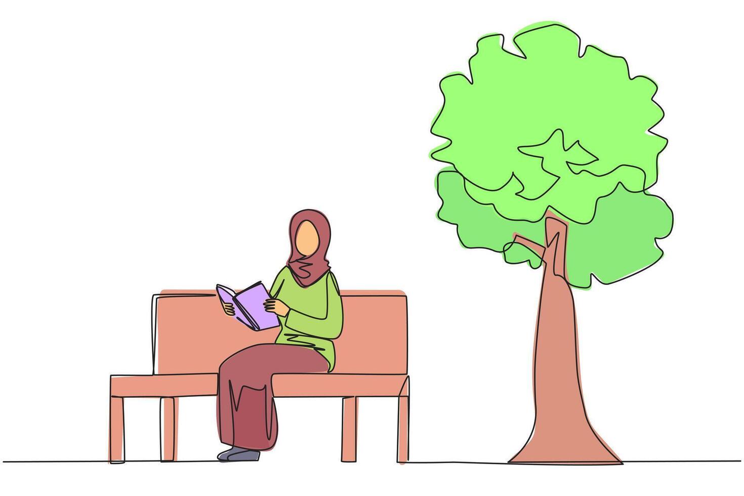 Single einer Linie Zeichnung arabisch Frau Sitzung auf Park Bank lesen Buch. lernen durch noch einmal lesen Lehrbuch. lesen zu erhalten maximal markiert. lesen erhöhen, ansteigen Einblick. kontinuierlich Linie Design Grafik Illustration vektor