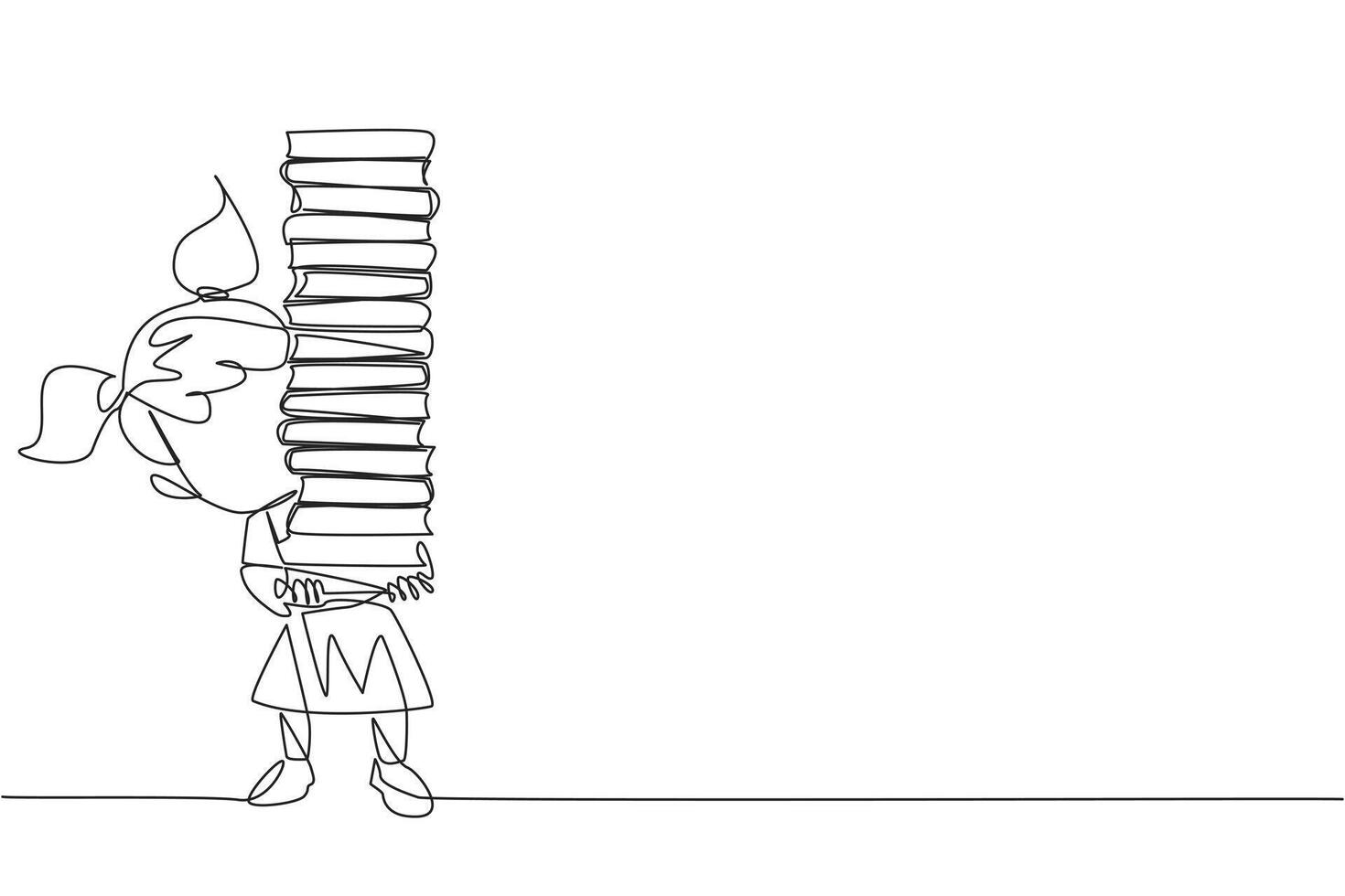 kontinuierlich einer Linie Zeichnung Mädchen Tragen hoch Stapel von Bücher Abdeckung Sie selber. neu gekauft Buch von ein Buchhandlung. lesen Bücher einer durch einer beim heim. Liebe lesen. Single Linie Design Illustration vektor