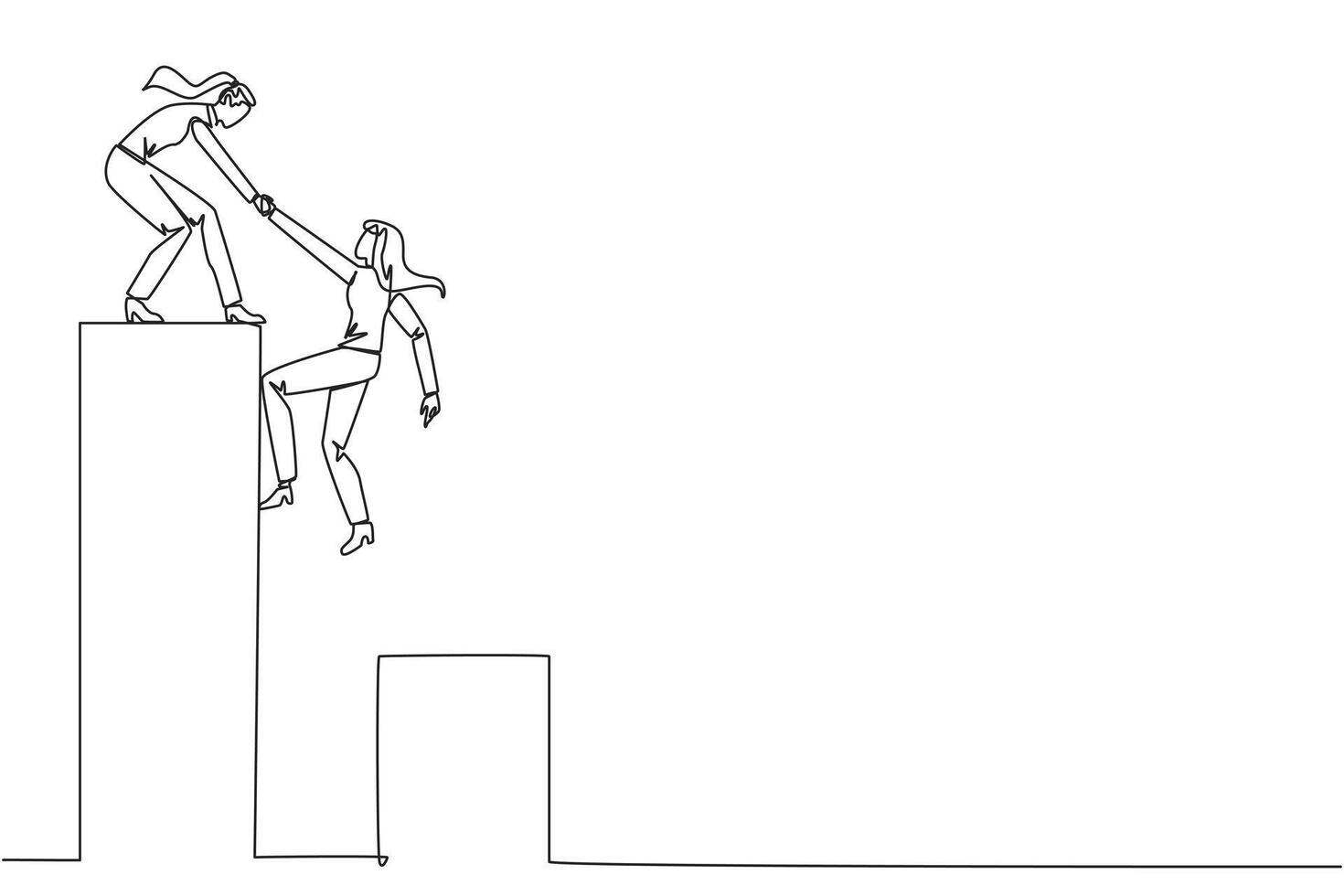 Single kontinuierlich Linie Zeichnung Geschäftsfrau hilft Kollege Klettern Bar Graph. Portion zu steigen zu höher Boden. Bewegung nach vorne und Erfolg zusammen. Zusammenarbeit. einer Linie Design Illustration vektor
