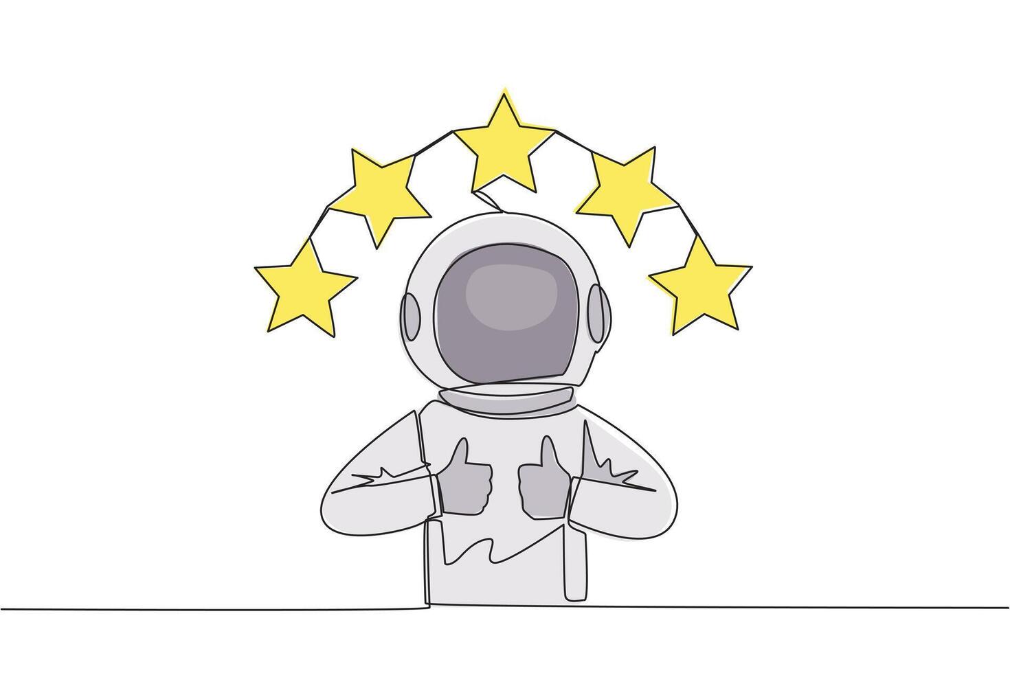 enda kontinuerlig linje teckning astronaut ger två tummen upp, ovan huvud där är 5 stjärnor formning halvcirkel. spännande uppkopplad handla erfarenhet. recension 5 stjärna. kosmisk. ett linje illustration vektor