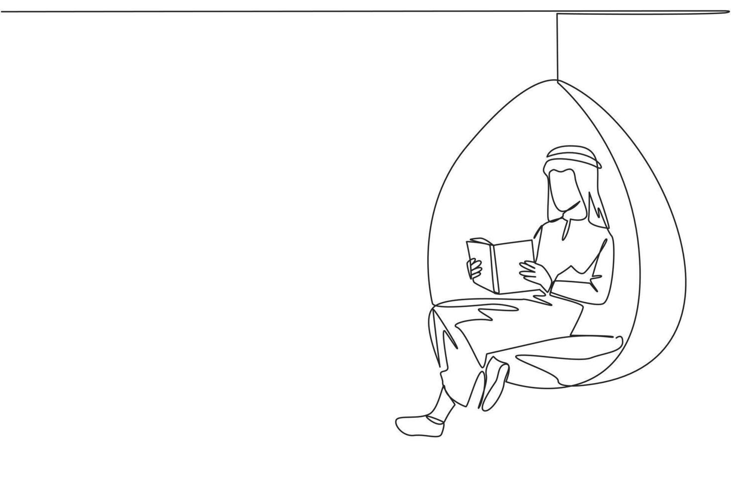 Single kontinuierlich Linie Zeichnung arabisch Mann Sitzung entspannt im hängend Stuhl lesen ein Buch. Ausgaben das Wochenende lesen das Liebling Fiktion Geschichte Buch. Liebe Lektüre. einer Linie Design Illustration vektor