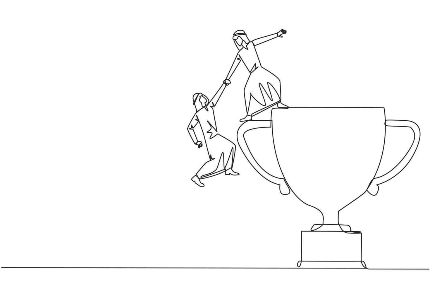 kontinuierlich einer Linie Zeichnung arabisch Geschäftsmann hilft Kollege steigen groß Trophäe. Leistung Das kann nicht Sein erreicht ohne großartig Zusammenarbeit. Clever Zusammenarbeit. Single Linie zeichnen Design Illustration vektor