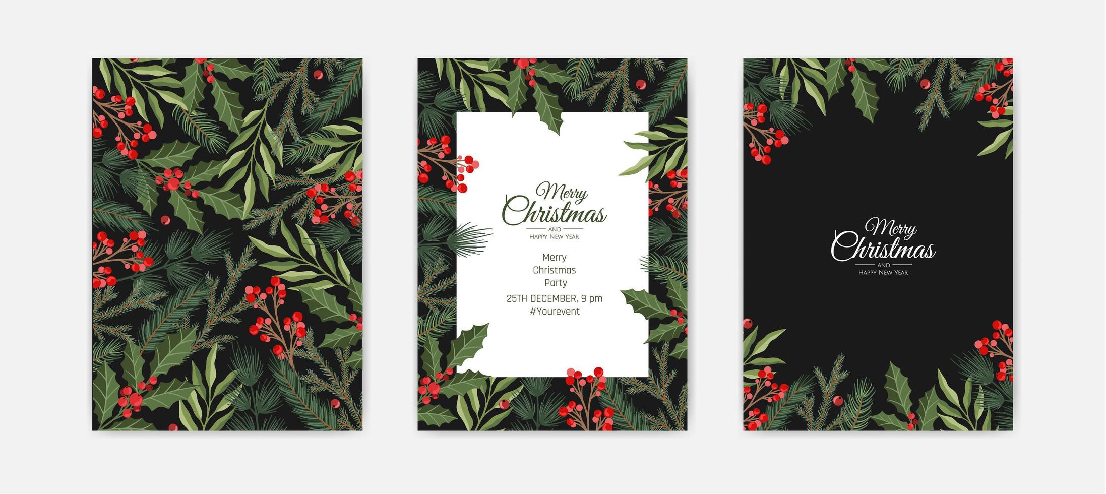 Satz Frohe Weihnachten-Grußkarten, vertikale Banner, Flyer, Einladungen. frohes neues jahr, frohe feiertagskarten mit weihnachtsblumen und winterobjekten vektor
