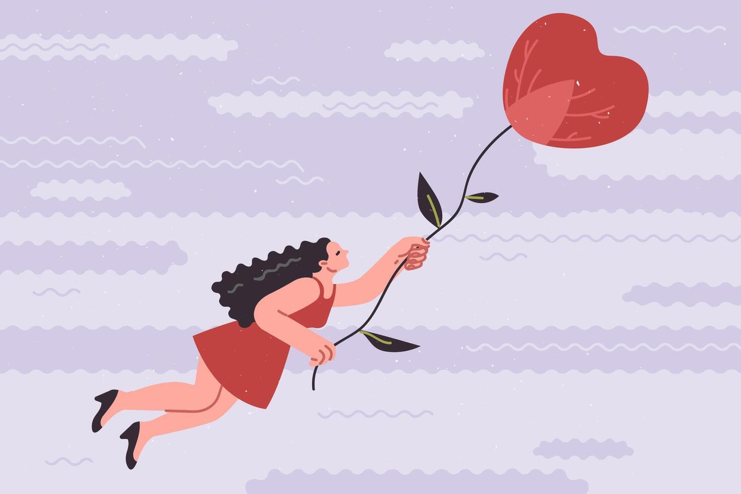 kvinna flugor i hjärta formad varm luft ballong, upplever glädje efter tar emot deklaration av kärlek vektor