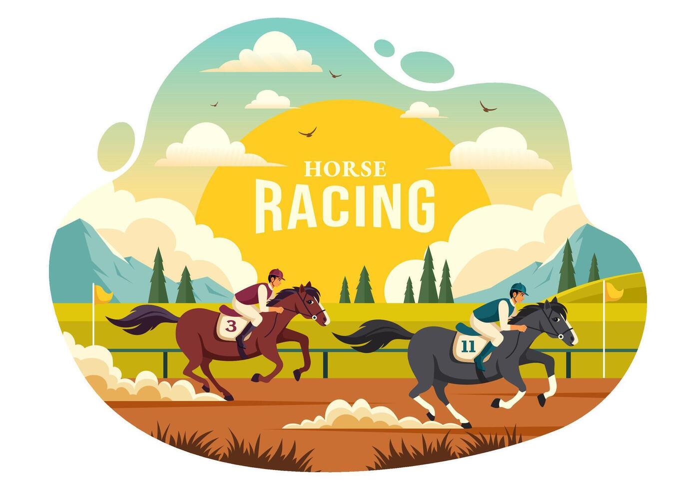 Pferd Rennen Wettbewerb Illustration mit Pferdesport Performance Sport und Fahrer oder Jockeys im ein Rennbahn auf eben Karikatur Hintergrund vektor