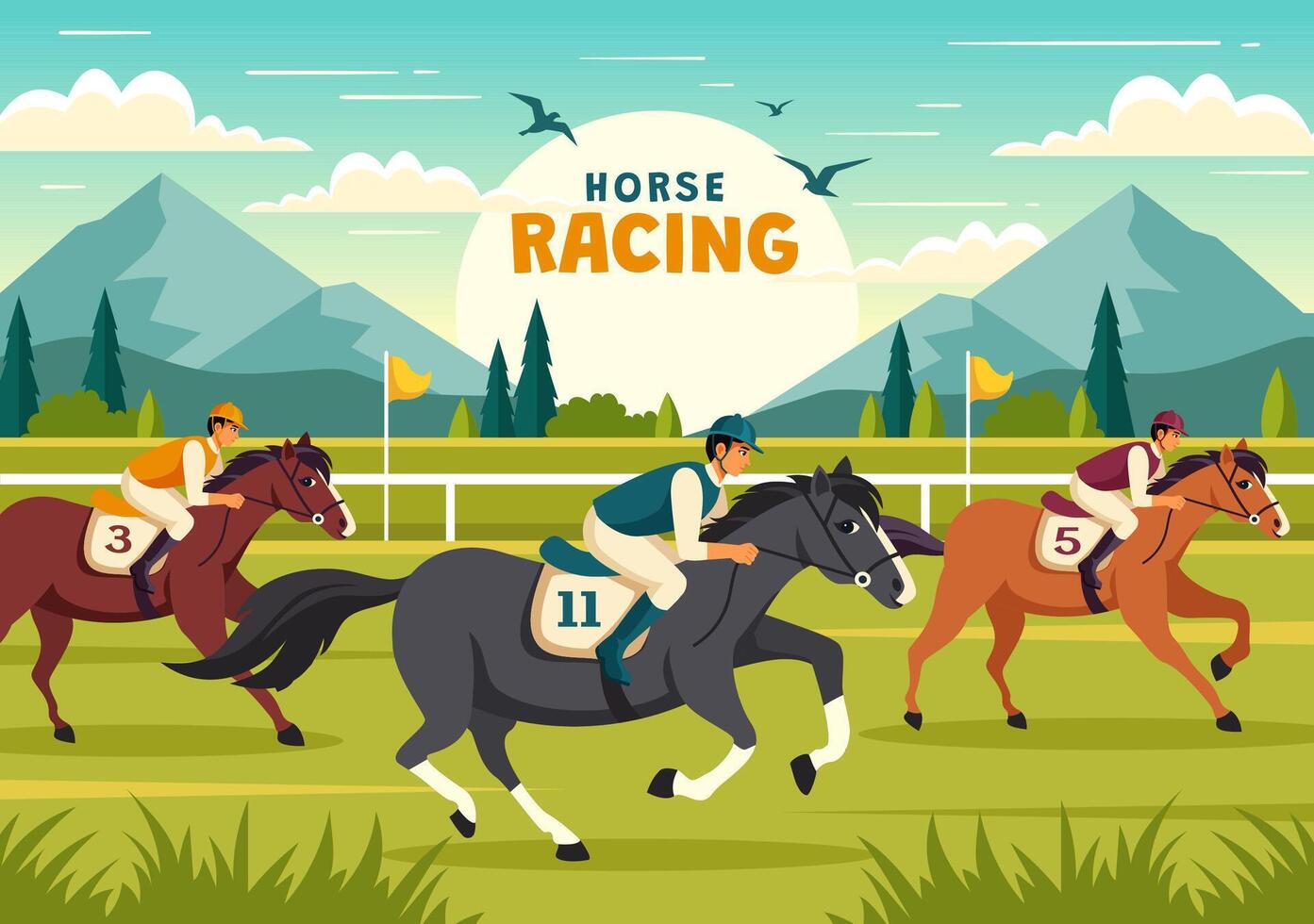 häst tävlings konkurrens illustration med ryttare prestanda sport och ryttare eller jockeys i en tävlingsbana på platt tecknad serie bakgrund vektor
