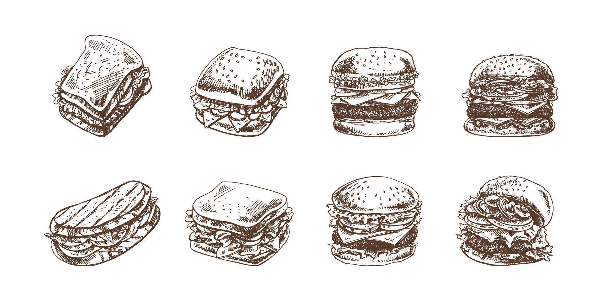 hamburgare och smörgåsar uppsättning. ritad för hand svartvit skisser av annorlunda hamburgare och smörgåsar med bacon, ost, sallad, tomater, gurkor etc. snabb mat retro illustrationer. vektor