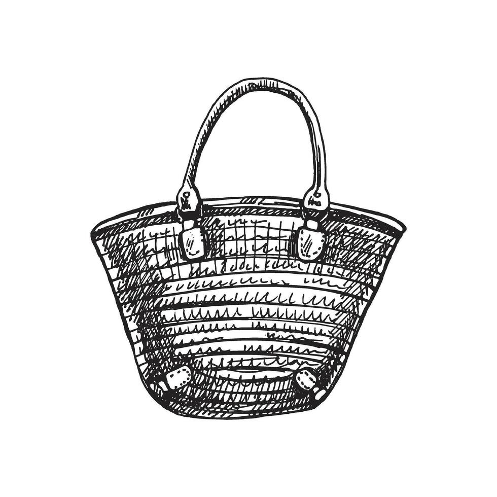 ein handgemalt skizzieren von ein Strand Korbweide Tasche. ein Sommer- Zubehörteil hervorgehoben auf ein Weiß Hintergrund. Jahrgang Illustration im das Stil von Gravur. vektor
