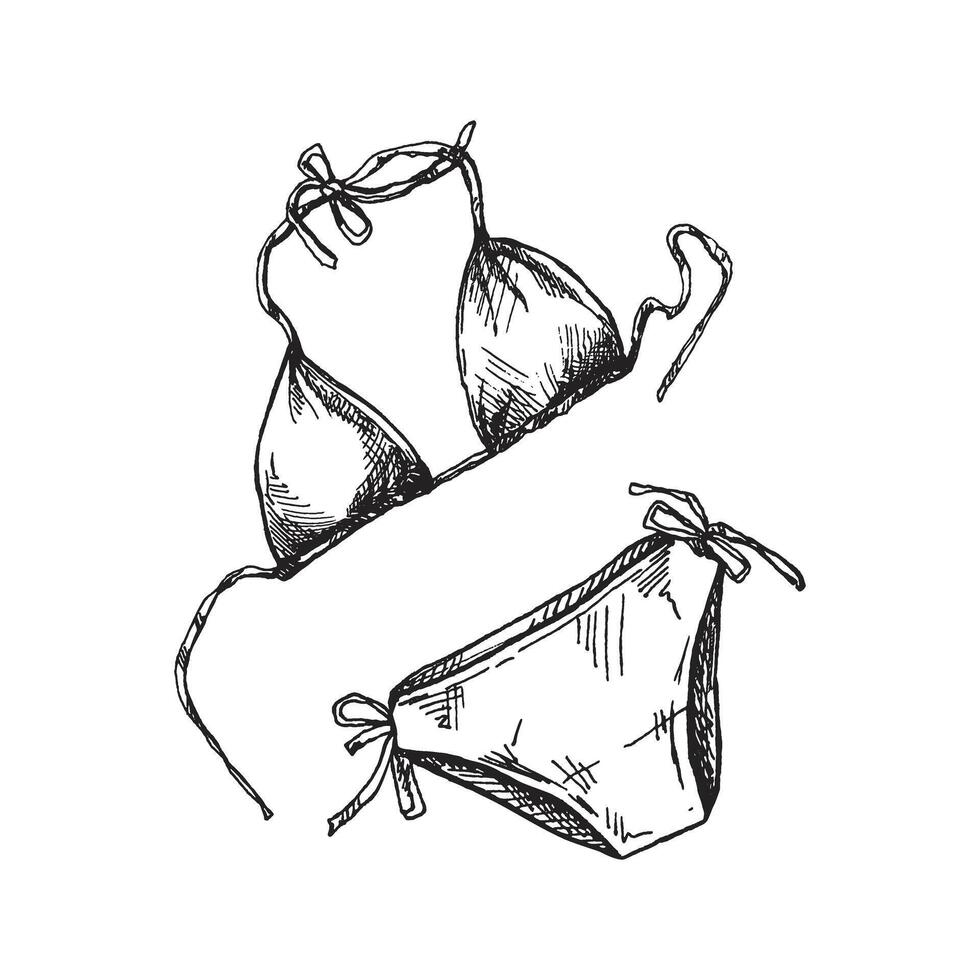 ritad för hand skiss av kvinna baddräkt, bikini. sommar tillbehör isolerat på vit bakgrund. årgång illustration i gravyr stil. vektor