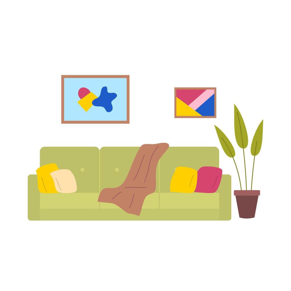 tecknad serie Färg soffa och krukväxt inlagd uppsättning begrepp. vektor