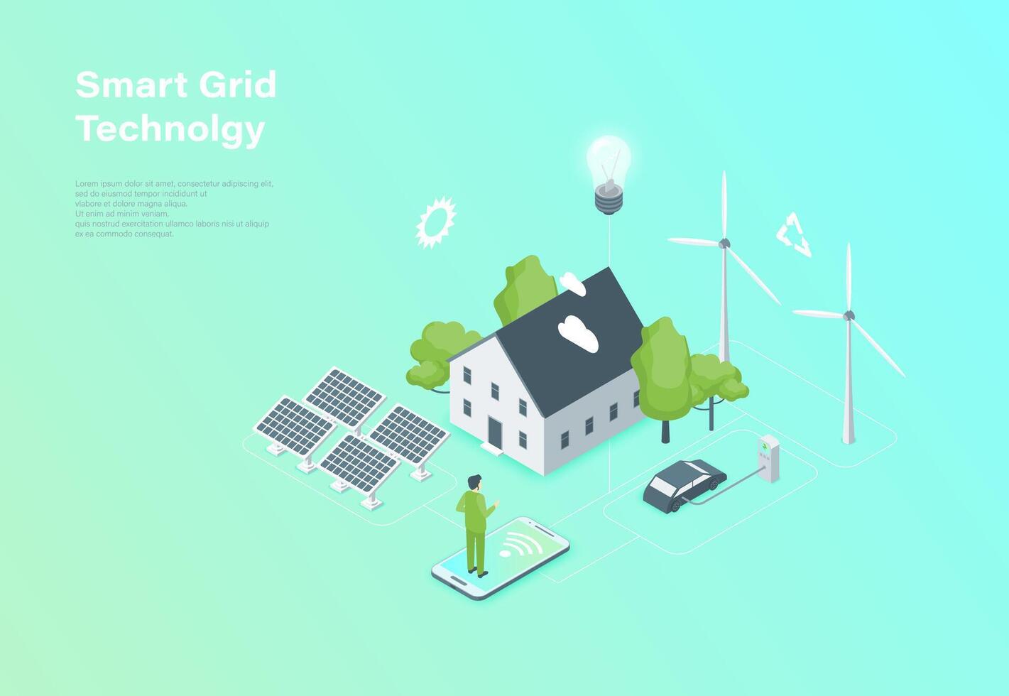 Farbe Clever Gitter Technologie mit verlängerbar Energie Konzept 3d isometrisch Aussicht vektor