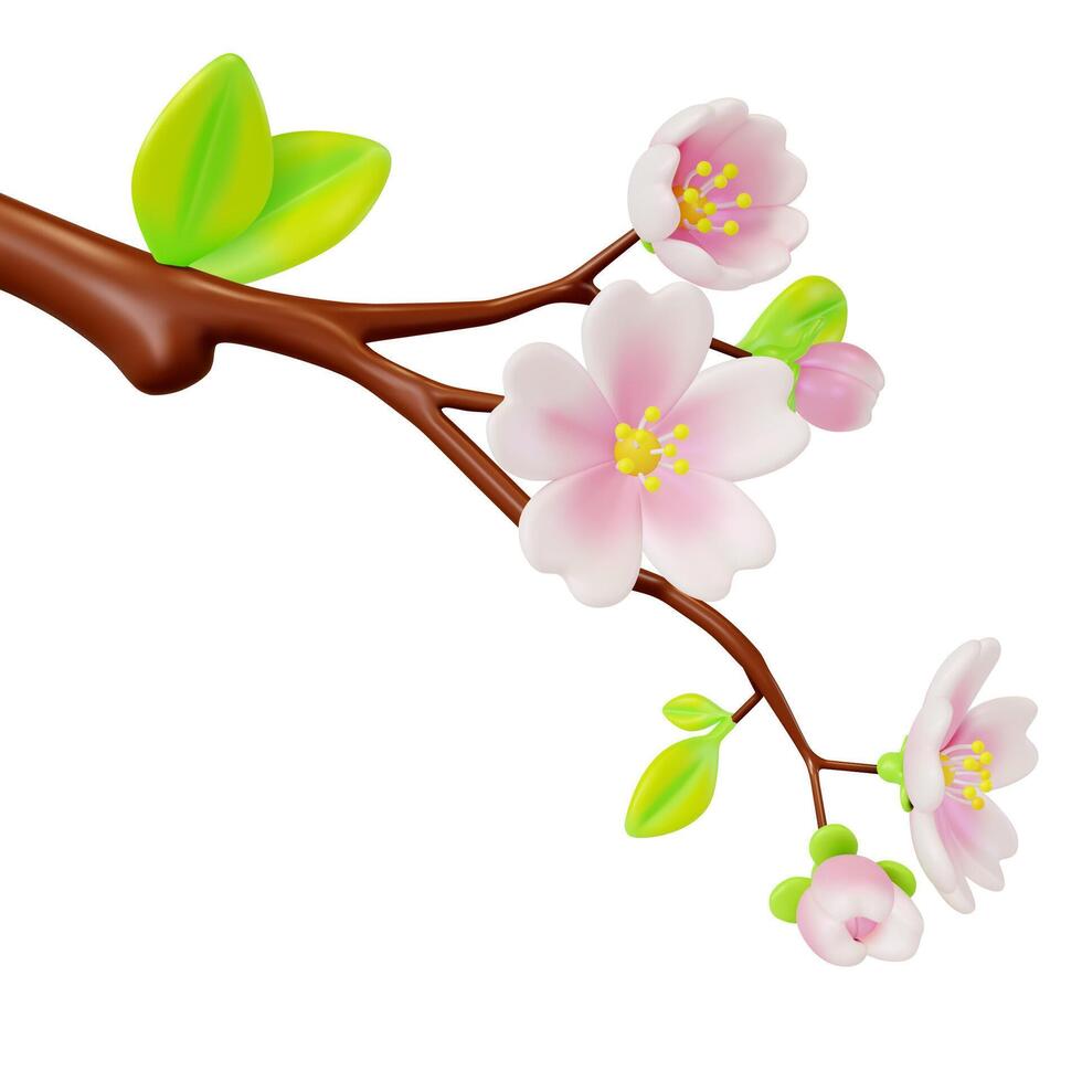 3d Blühen Sakura Ast mit Blumen Karikatur vektor