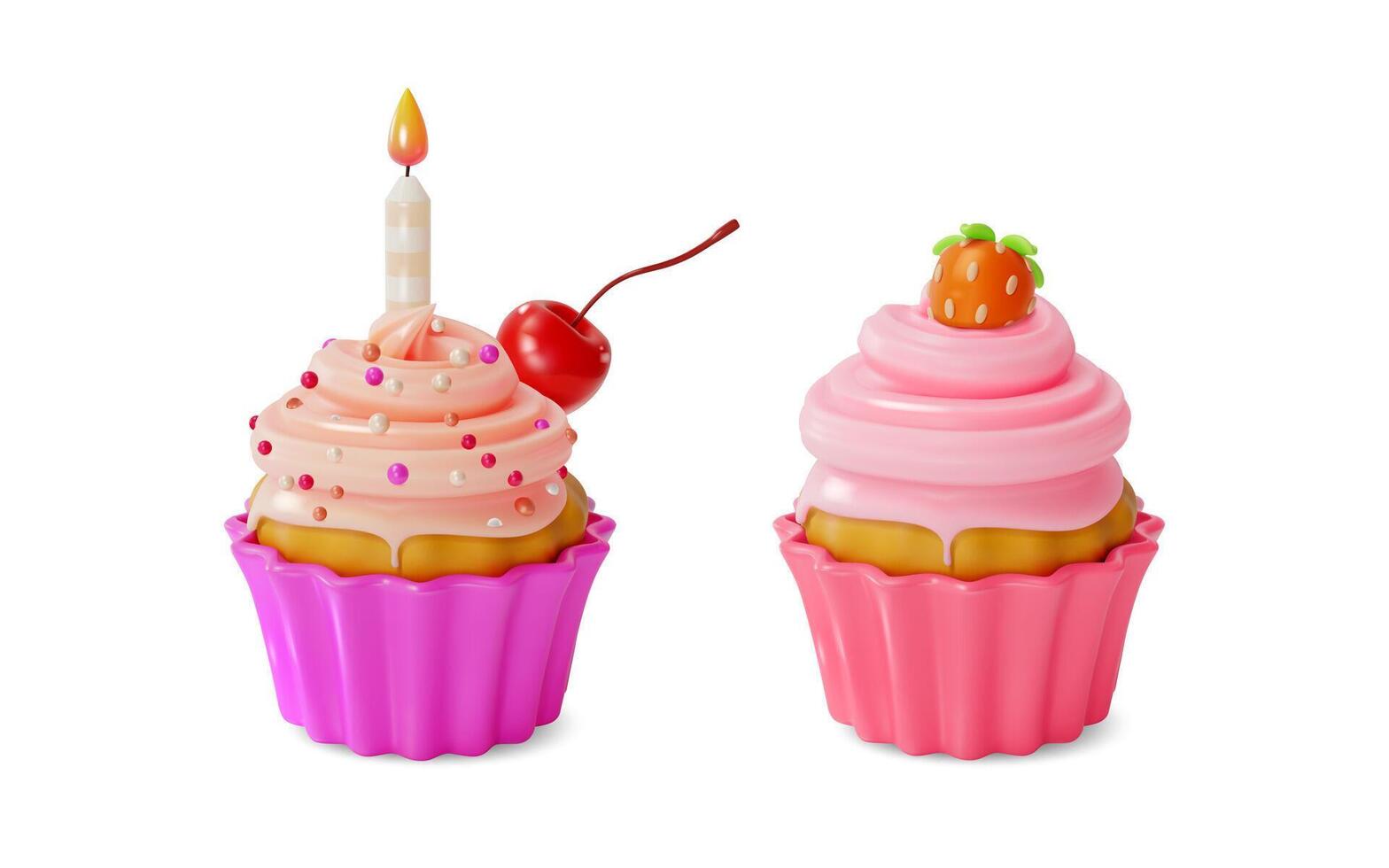 3d Cupcake einstellen mit Kerze Süss Dessert Essen Karikatur vektor