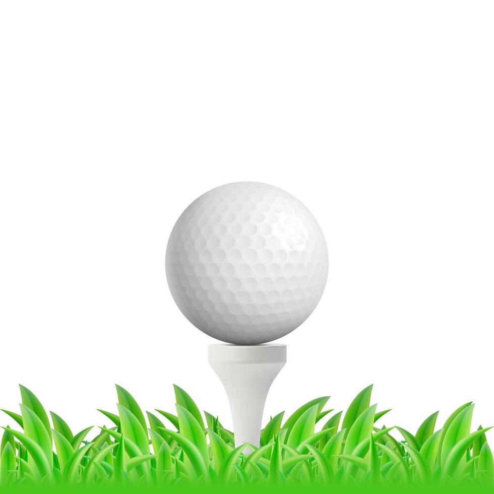 realistisch detailliert 3d Weiß Golf Ball auf Tee und Grün Feld Linie vektor