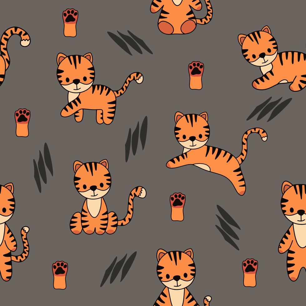 vektor seamless mönster med söta doodle baby tigers. plantskola sömlös bakgrund och dekoration. tryck för textil, tapeter och annat